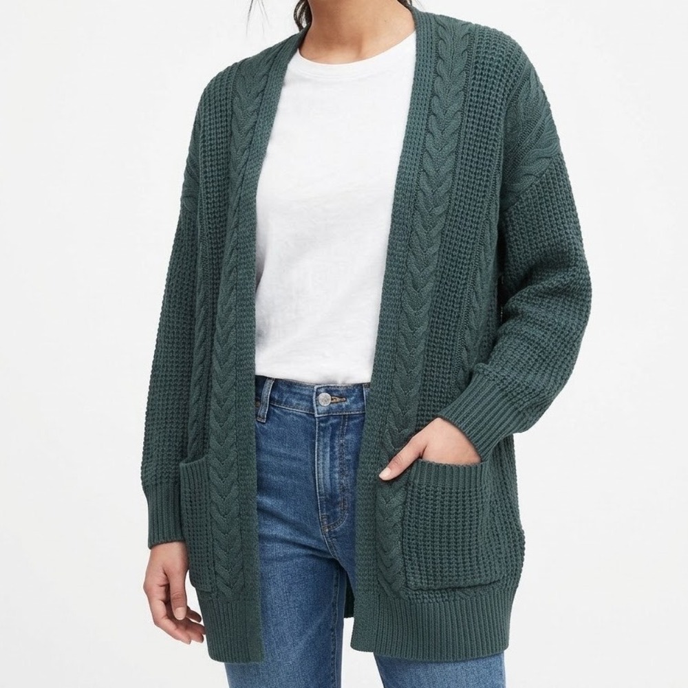 Charlotte Russe Womens Forest Green Cable Waffle Knit Open Front Cardigan XS